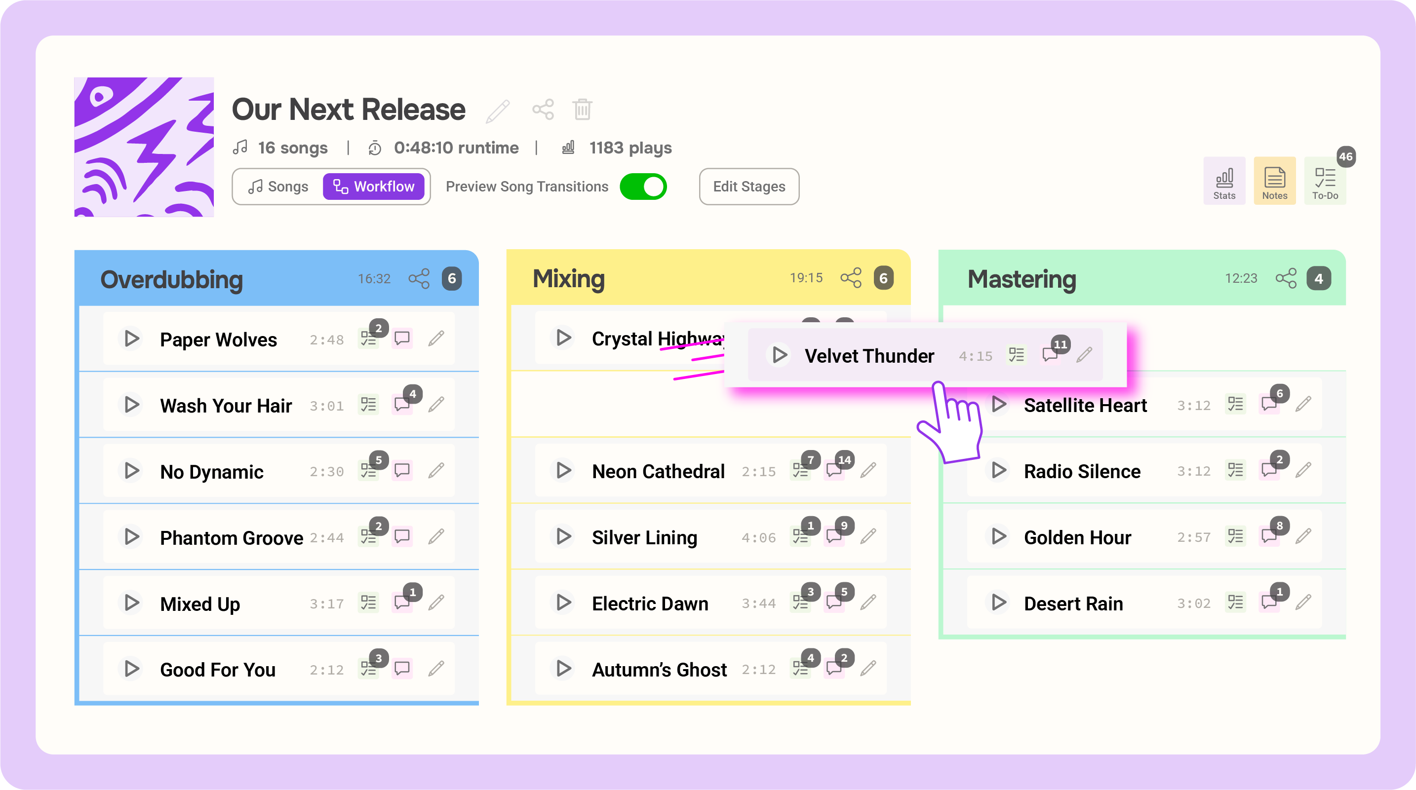 Illustration of a kanban workflow board with songs moving through Demo, Writing, Mixing, and Mastered stages