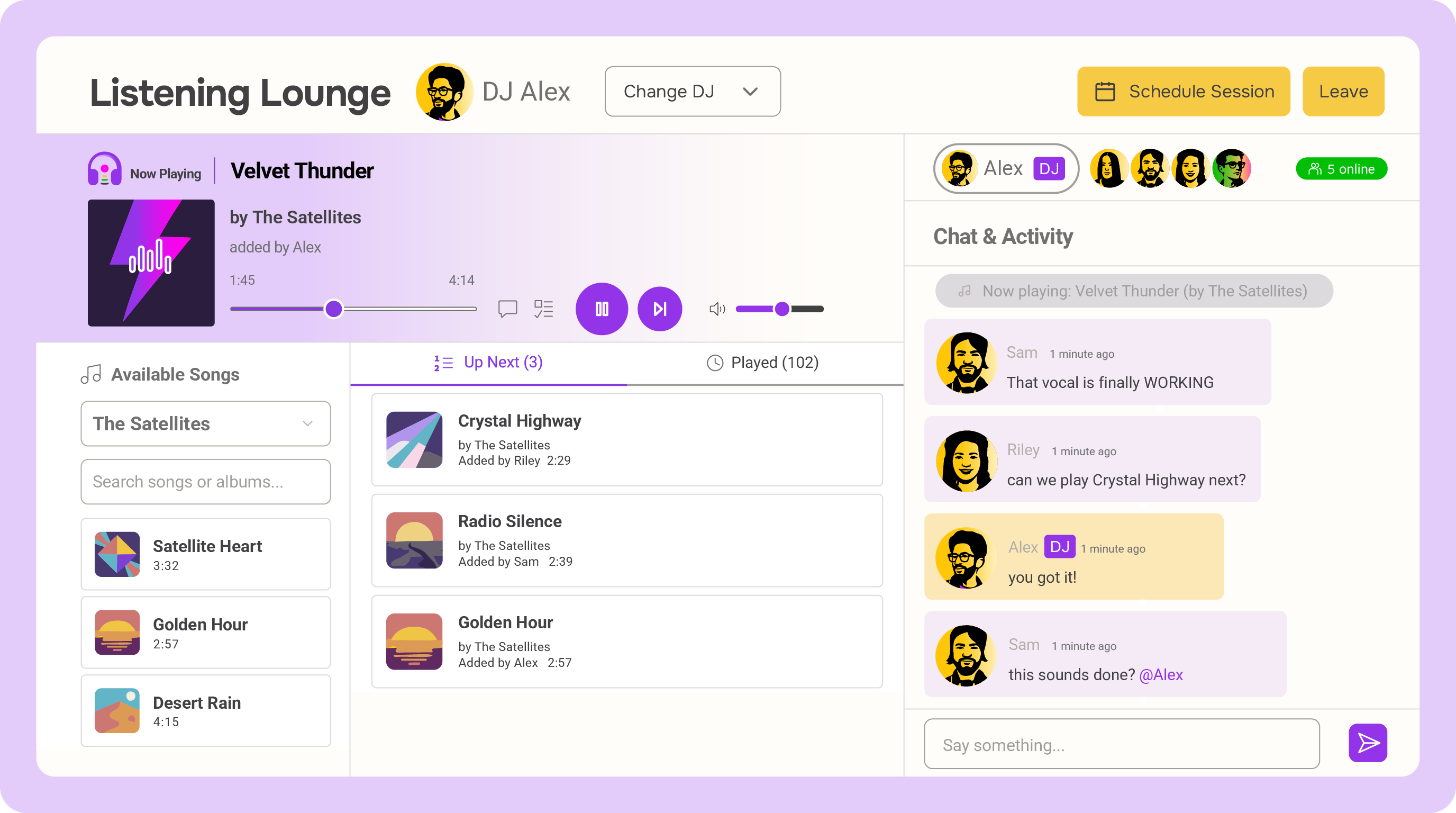 Illustration of The Lounge with avatars in a circle, a DJ controlling playback, live chat, and a LIVE badge