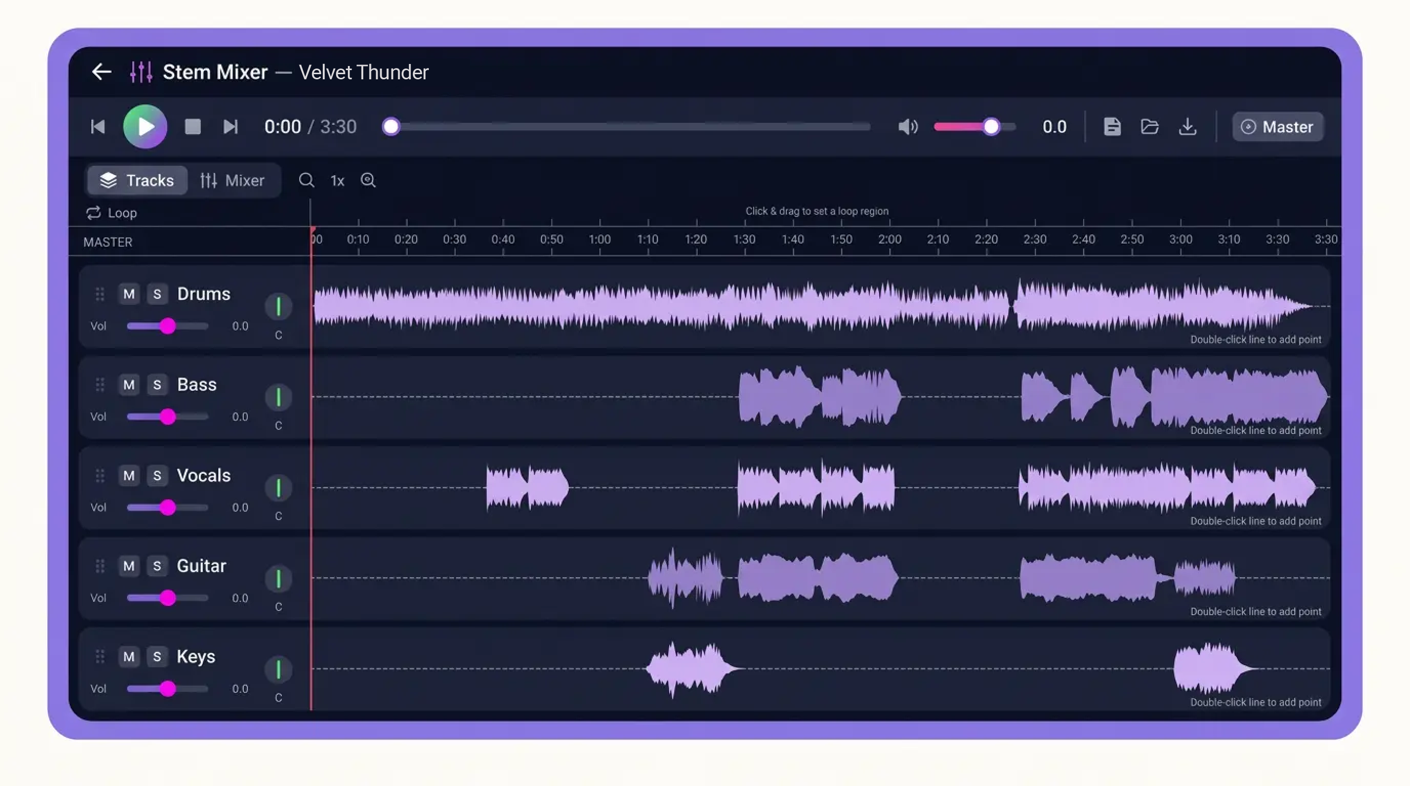 Illustration of the Bounce stem mixer with channel strips, waveforms, and automation curves in a browser