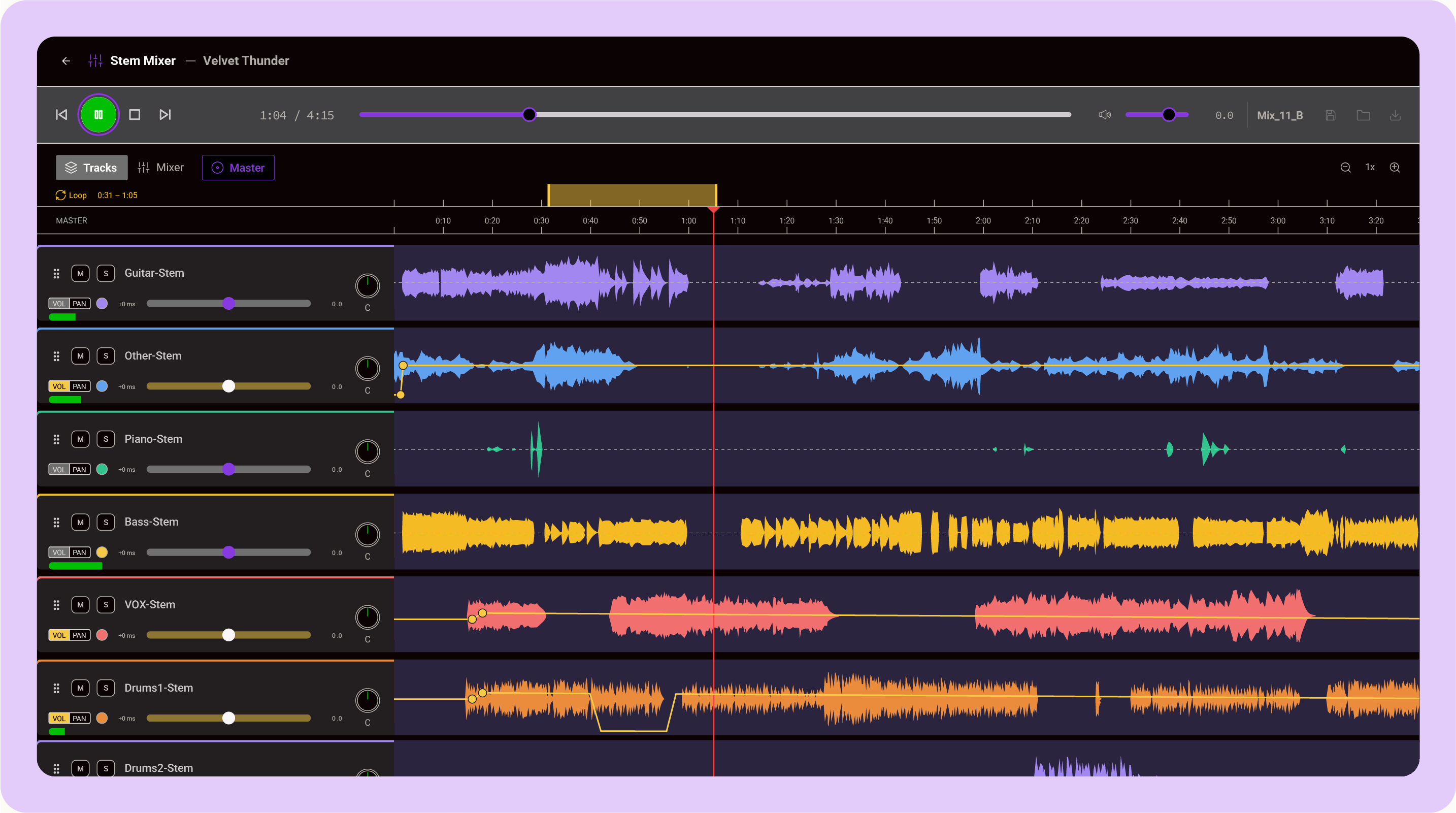 Illustration of the Bounce stem mixer with channel strips, waveforms, and automation curves in a browser