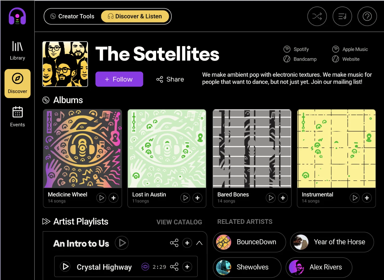 A public artist page on Bounce showing a Follow button, public albums, artist playlists, and related artists in Discover